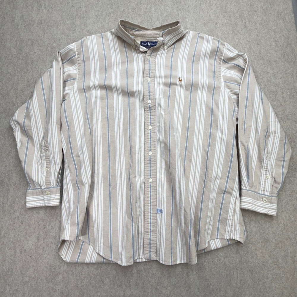 Vtg Ralph Lauren Yarmouth Button Down Mens 17-34 XL Tan Striped Preppy Old Money